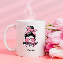 Messy Bun februari Girl Leopard Play Rosa Hearts Kaffemugg