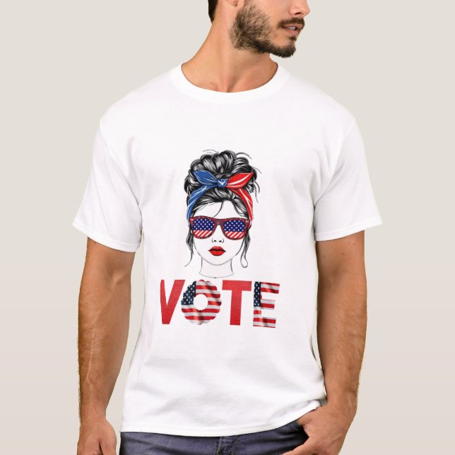 Messy Bun Girl Hair USA flagga T Shirt (Framsida)