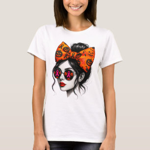 Messy Bun Girl Pumpkin Scary Halloween Breast Canc T Shirt