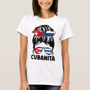 Messy Bun Hair Cubanita Cuba Cuban Flagga T Shirt