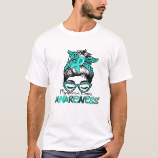 Messy Bun Hair Teal Ribbon Myasthenia Gravis Medve T Shirt
