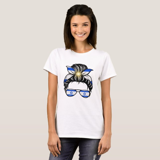 Messy Bun Jewish Israel Flagga T Shirt (Hel framsida)