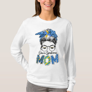 Messy Bun Leopard Blue Gult Ribbon Down Syndrome T Shirt
