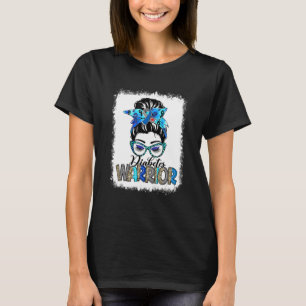 Messy Bun Leopard Blue Ribbon Diabetes Warrior T Shirt