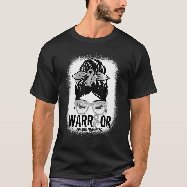 Messy Bun Leopard Grått Ribbon Aphasia Warrior T Shirt (Framsida)