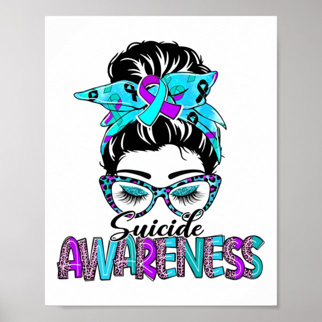 Messy Bun Leopard Lila och Teal Ribbon Suicide A Poster (Framsidan)