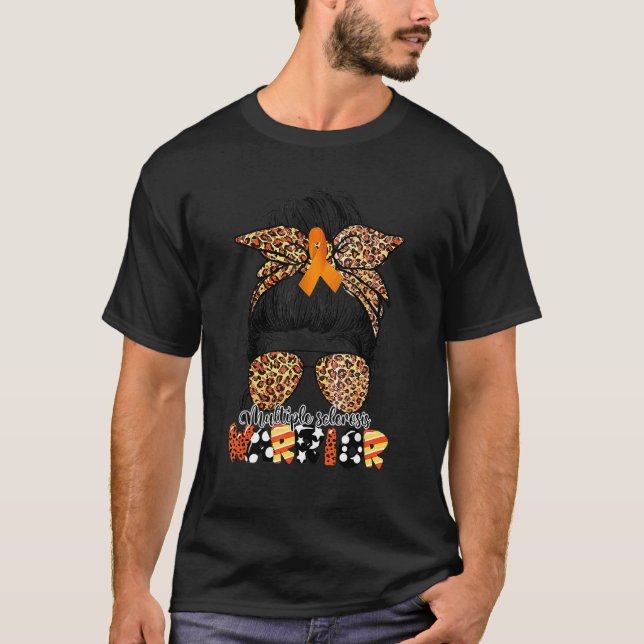 Messy Bun Leopard Många Sclerosis Awareness Mamma T Shirt (Framsida)