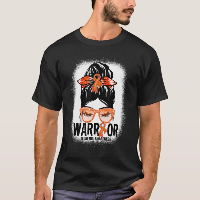 Messy Bun Leopard Orange Ribbon Leukemia Warrior T Shirt (Framsida)