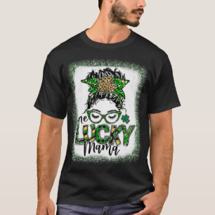 Messy Bun Leopard St patrick's day One Lucky Mamma T Shirt