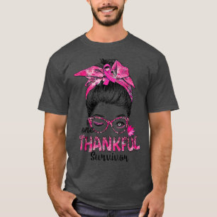 Messy Bun Mamma One Thankful Survivor Breast Cance T Shirt