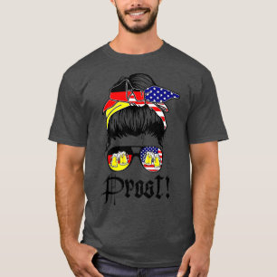 Messy Bun Prost Beer German American Flagga Oktobe T Shirt