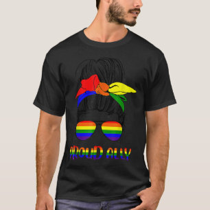 Messy Bun Proud Ally Pride Flagga HBT Rainbow  T Shirt