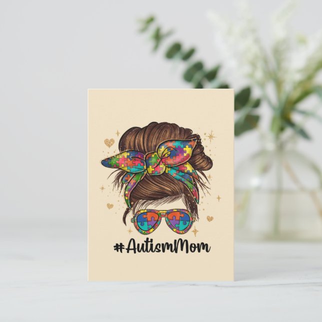 Messy Bun Proud Autism Mamma Vykort (Stående Fram)