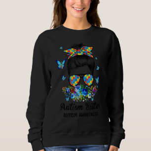 Messy Bun Proud Autism Sister Ribbon Puzzle Blommi T Shirt