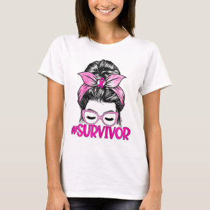 Messy Bun Rosa Ribbon Breast Cancer Awareness T Shirt