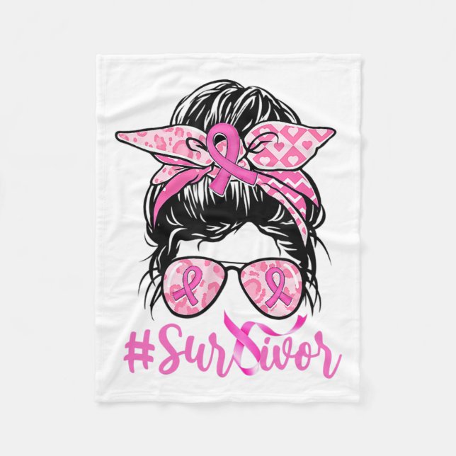 Messy Bun Rosa Ribbon Leopard Breast Cancer Warrio Fleecefilt (Framsidan)