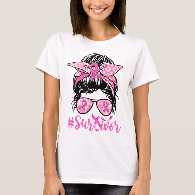Messy Bun Rosa Ribbon Leopard Breast Cancer Warrio T Shirt (Framsida)