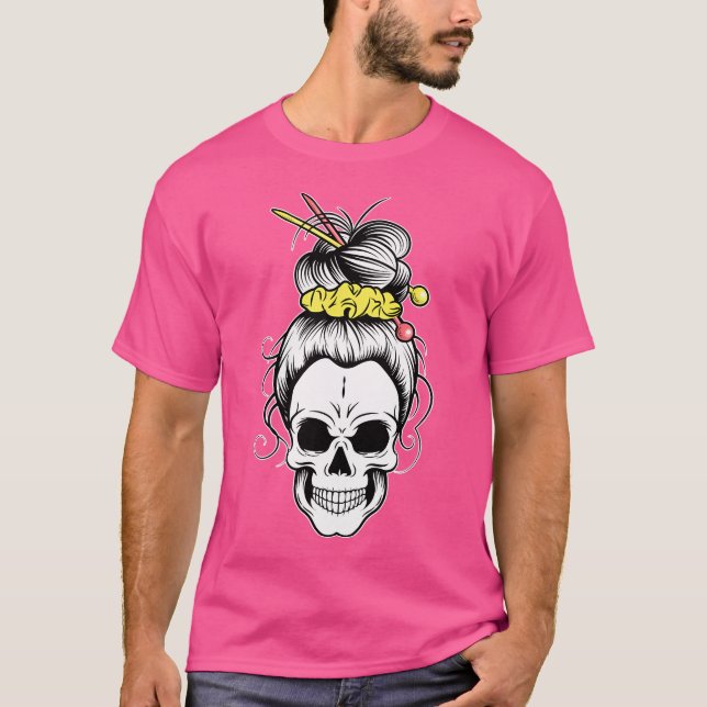 Messy Bun Skull Shirt Women'S Grandma Knitting Hal T Shirt (Framsida)