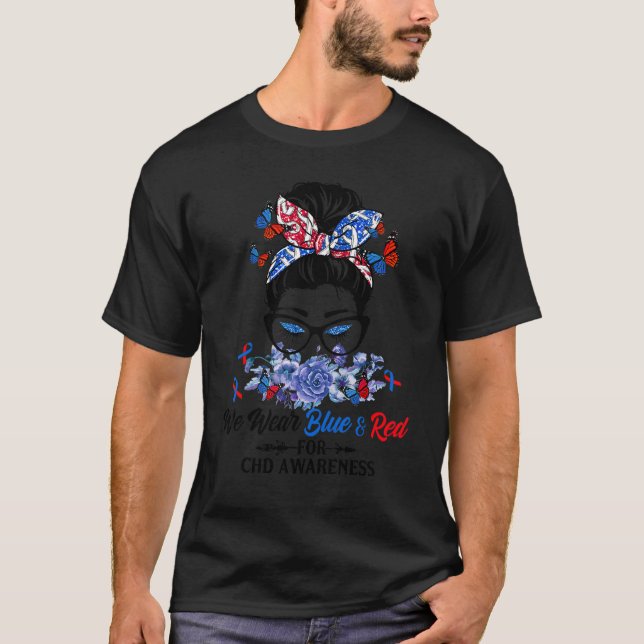 Messy Bun We Bära Red Blue for Chd Awareness T Shirt (Framsida)