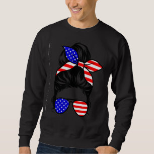 Messy Bun Women America Flagga American Mamma Lång Ärmad Tröja
