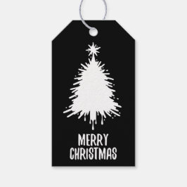 Messy & Grungy Black & White Merry Christmas Tree Presentetikett