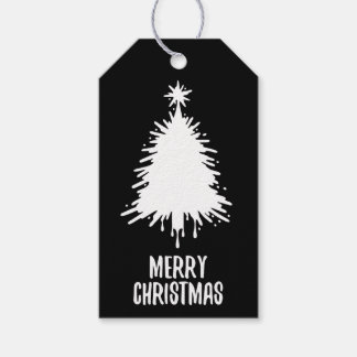 Messy & Grungy Black & White Merry Christmas Tree Presentetikett