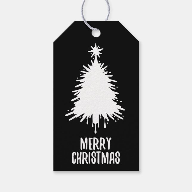 Messy & Grungy Black & White Merry Christmas Tree Presentetikett (Framsidan)