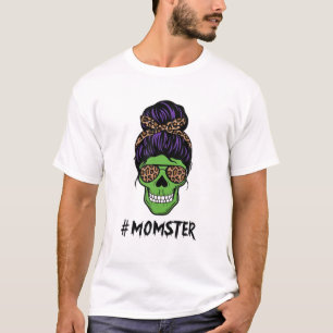 Messy Hair Bun Skull Momster Leopard Skriv ut glas T Shirt