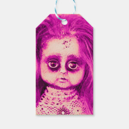 Messy Hair Creepy Doll Head in Rosa Presentetikett