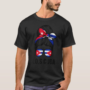 Messy Hair Woman Bun Sos Cuba Flagga Free Cuba T Shirt