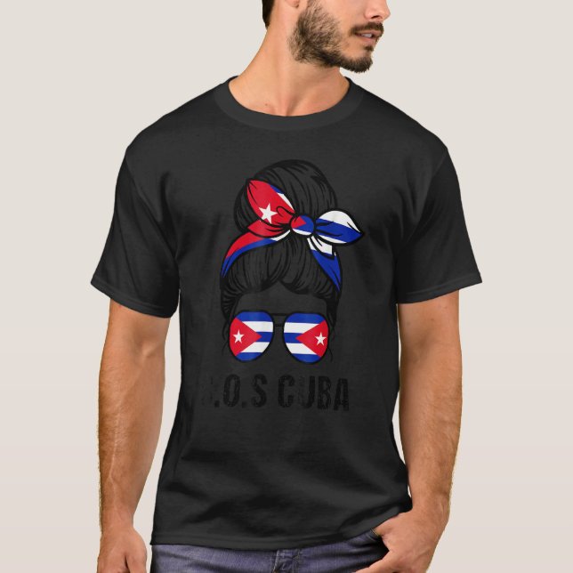 Messy Hair Woman Bun Sos Cuba Flagga Free Cuba T Shirt (Framsida)