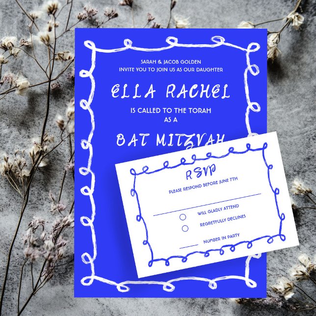 Messy Loops Hand plockade Anpassningsbar Pub Bat m OSA Kort (Messy Loops Hand Drawn Custom Bar Bat Mitzvah RSVP Enclosure Card
)