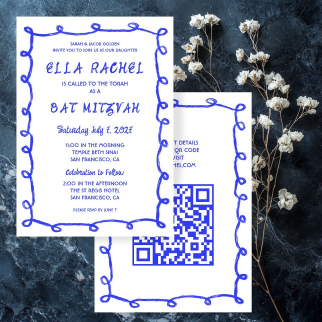 Messy Loops Hand plockade Anpassningsbar QR Pub Ba Inbjudningar (Messy Loops Hand Drawn Custom QR Bar Bat Mitzvah Invitation
)