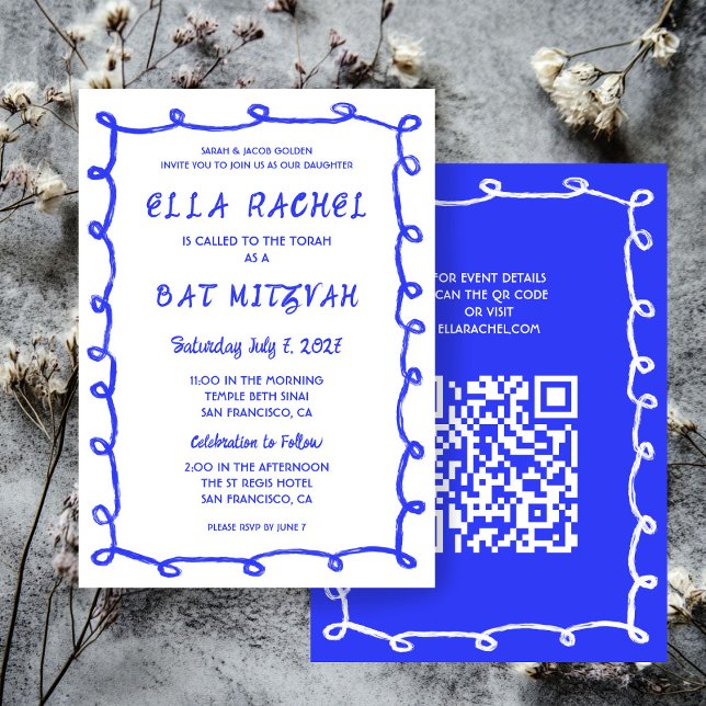 Messy Loops Hand plockade Anpassningsbar QR Pub Ba Inbjudningar (Messy Loops Hand Drawn Custom QR Code Blue White  Bar Bat Mitzvah Invitation
)