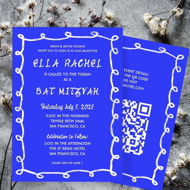 Messy Loops Hand plockade Anpassningsbar QR Pub Ba Inbjudningar (Messy Loops Hand Drawn Custom QR Bar Bat Mitzvah Blue White Invitation
)