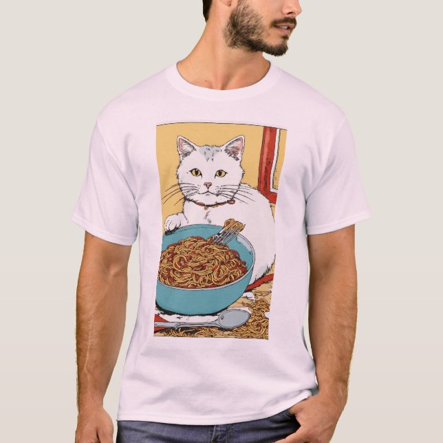 Messy Spaghetti Cat - Hergé-Inspired T-Shirt Desig (Framsida)