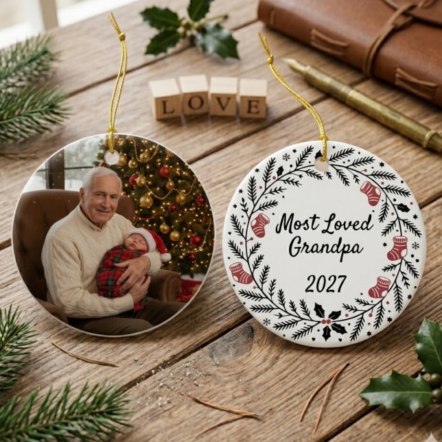 Mest älskade farfar Tallkrans Julfoto Julgransprydnad Keramik (Grandpa photo ornament)