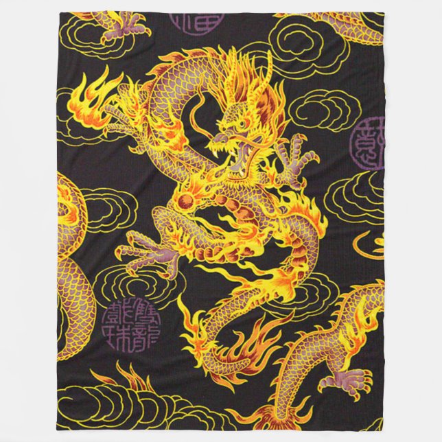 Mest populära Golden Chinese Emperor Dragon Fantas Fleecefilt (Framsidan)