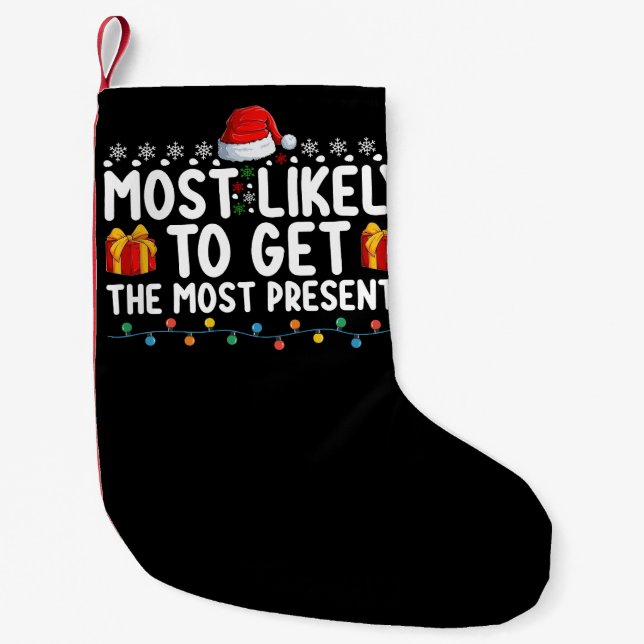 Mest sannolikt att få flest presenter julklappar j liten julstrumpa (Framsidan)