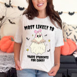 Mest troligt att matcha Halloween Ghost Teacher T Shirt<br><div class="desc">Vi presenterar vår "mest sannolika" matchande Halloween Ghost Teacher T-Shirt, perfekten blandning av roligt och personlig stil för denna Halloween-säsong. Den här reflekterade skjortan har en angenäm spökkaraktär, komplett med en rosa båge, som läser bok, skapar den som en idealisk gåva till lärare som kärlek för att införliva lite humor...</div>