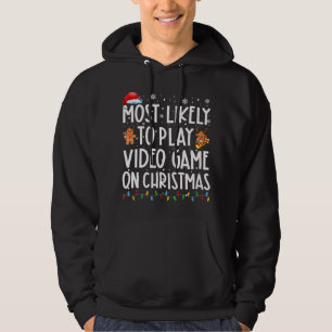 Mest troligt att spela videospel i jultomten hoodie