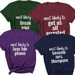 Mest troligt för Bachelorette Party Girl Resa Anpa T Shirt<br><div class="desc">Fira din flickgrupp med vår mest troliga Bachelorette Party Girl Resa Anpassningsbar T-Shirt! De här skjortorna är perfekten som tillägg till dina flickors semester, och tillför humor och enighet till firande. Designad med en roligt och matchande tema "mest sannolik att följa" är dessa anpassningsbar idealiska för en flickas nattavgång, sommarsemester...</div>