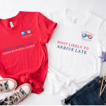 Mest troligt | Red White & Blue 4:e juli Réunion T Shirt<br><div class="desc">Med vattenfärgsillustrationer för trendig med eleganta moderna teckensnitt. Minneshögtid din helgdag med matchande produkter för hela familjen. Rubriken "Mest sannolikt att" kan ändras till vilken ordalydelse som helst. Ändra Familj Namn och Datum för att göra det till ditt eget anpassad design. Den här designen kommer aldrig att försvinna från stil....</div>
