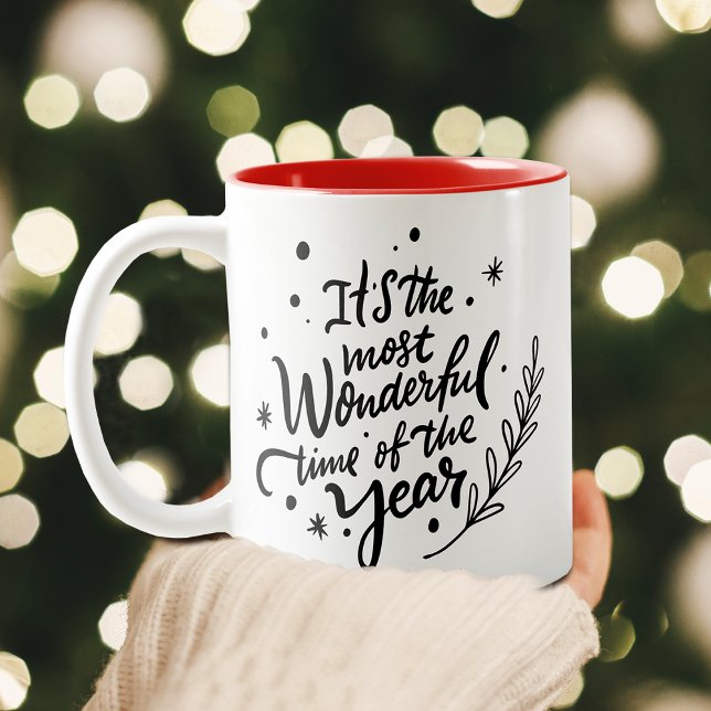 Mest Underbara Tid Jul Svart Skript Högtid Två-Tonad Mugg (Most Wonderful Time Christmas Black Script Holiday Two-Tone Coffee Mug)