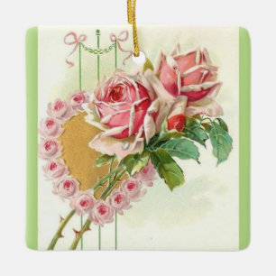 Mest vacker Vintage Rosa ros och hjärta Julgransprydnad Keramik