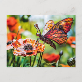 Metal Butterfly on Poppy flower Vykort
