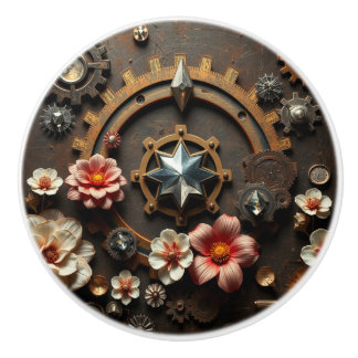 Metal Gears, Pink Flowers, Steampunk Themed Knopp