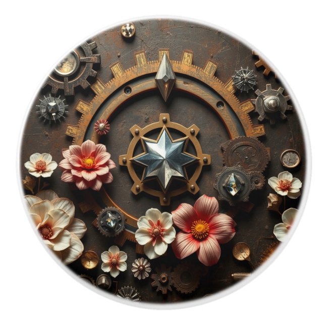 Metal Gears, Pink Flowers, Steampunk Themed Knopp (Framsidan)