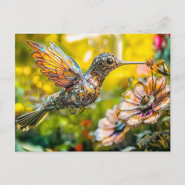 Metal Hummingbird in Flight on flower Vykort (Framsida)