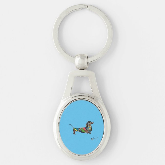 Metall Keychain med Dachshund Ovalt Silverfärgad Nyckelring (Framsidan)